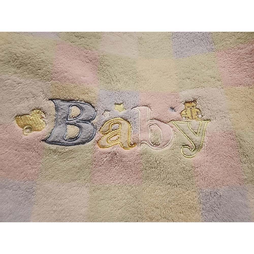 Baby Connection Baby Blanket Fleece Squares Patchwork Pink Blue Green Embroidery - Picture 2 of 4